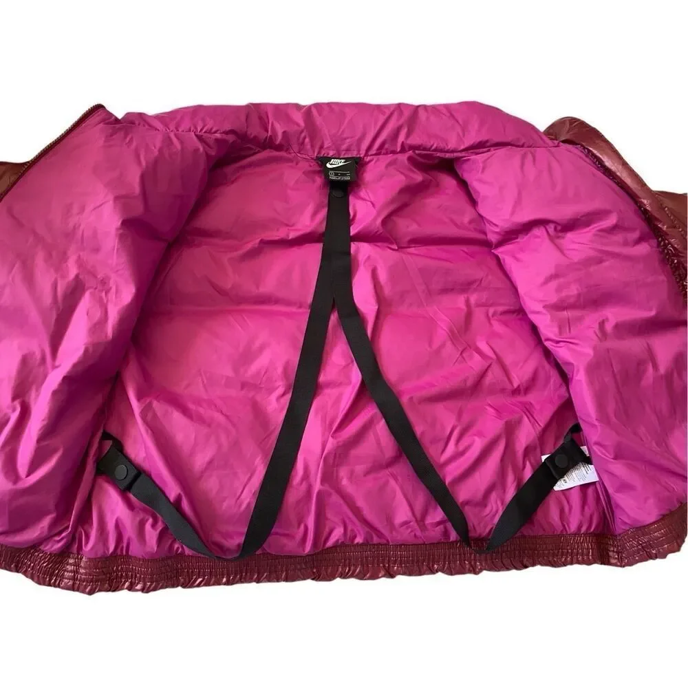 Nike Burgundy Quilted Down Duck Puffer Jacket Water Repellant Coat Wmns Sz Small